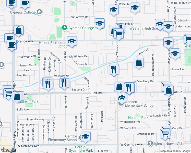 map of restaurants, bars, coffee shops, grocery stores, and more near 849 Marian Way in Anaheim