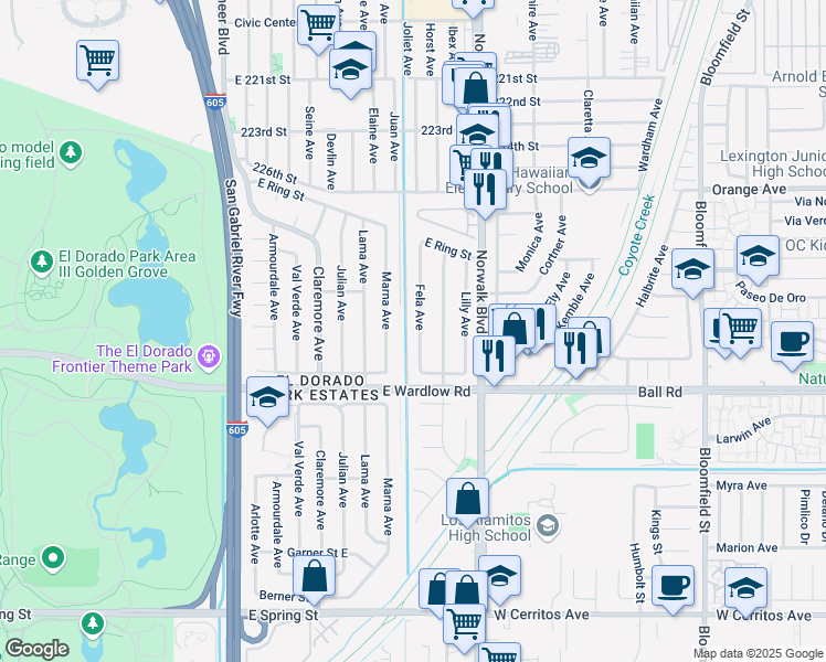 map of restaurants, bars, coffee shops, grocery stores, and more near 3430 Fela Avenue in Long Beach