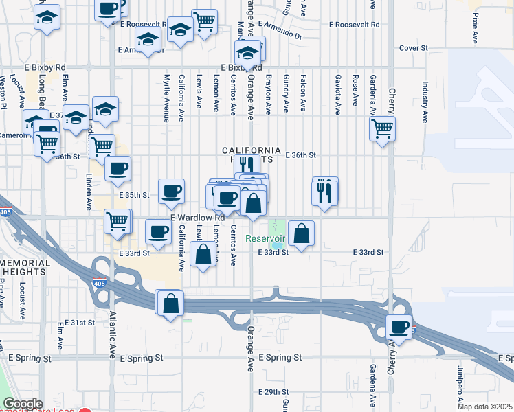map of restaurants, bars, coffee shops, grocery stores, and more near in Long Beach
