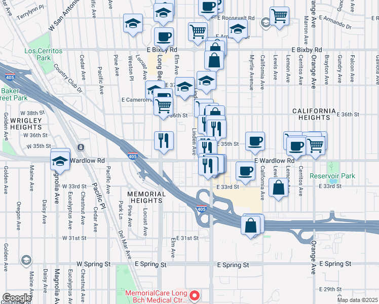 map of restaurants, bars, coffee shops, grocery stores, and more near 3406 Linden Avenue in Long Beach