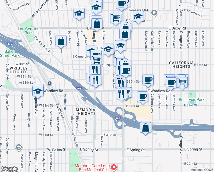 map of restaurants, bars, coffee shops, grocery stores, and more near in Long Beach