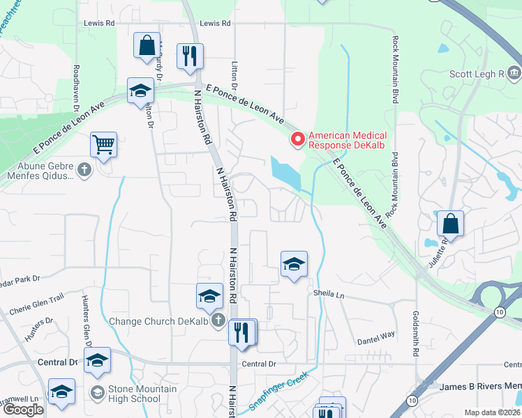 map of restaurants, bars, coffee shops, grocery stores, and more near 4852 Hairston Park Square in Stone Mountain