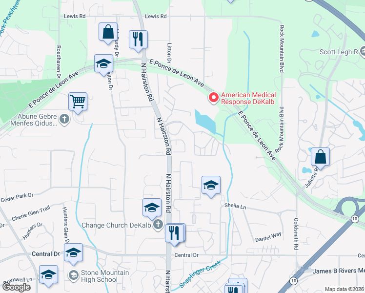 map of restaurants, bars, coffee shops, grocery stores, and more near 4849 Hairston Park Square in Stone Mountain