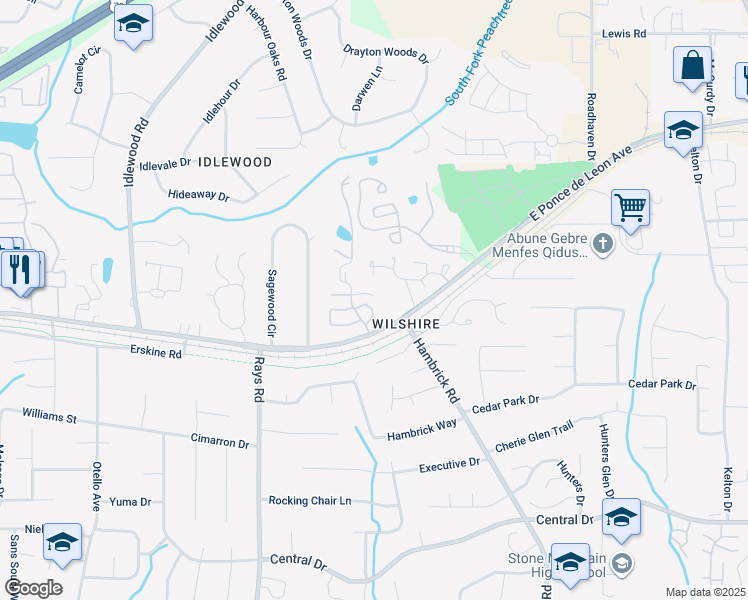 map of restaurants, bars, coffee shops, grocery stores, and more near 4355 Orchard Park Court in Stone Mountain