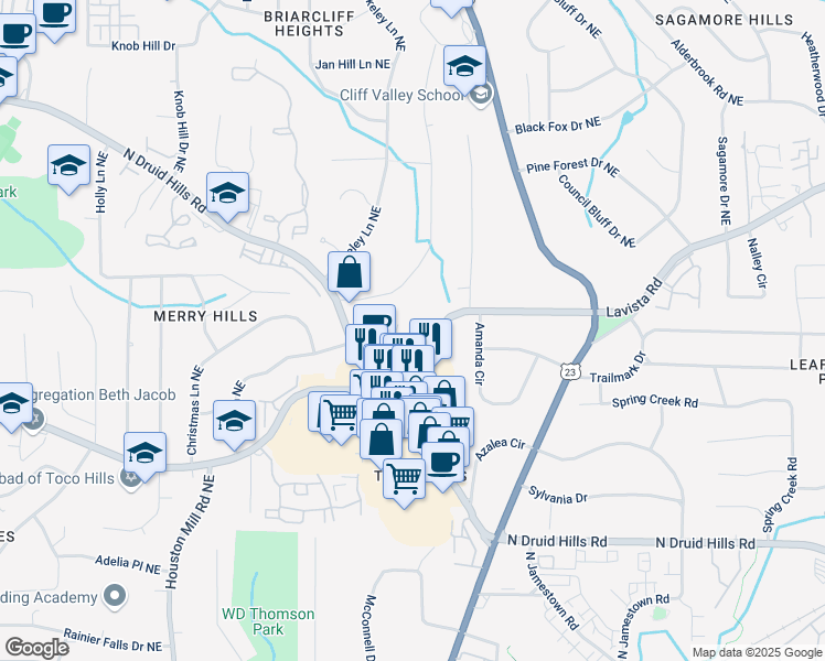 map of restaurants, bars, coffee shops, grocery stores, and more near in North Druid Hills