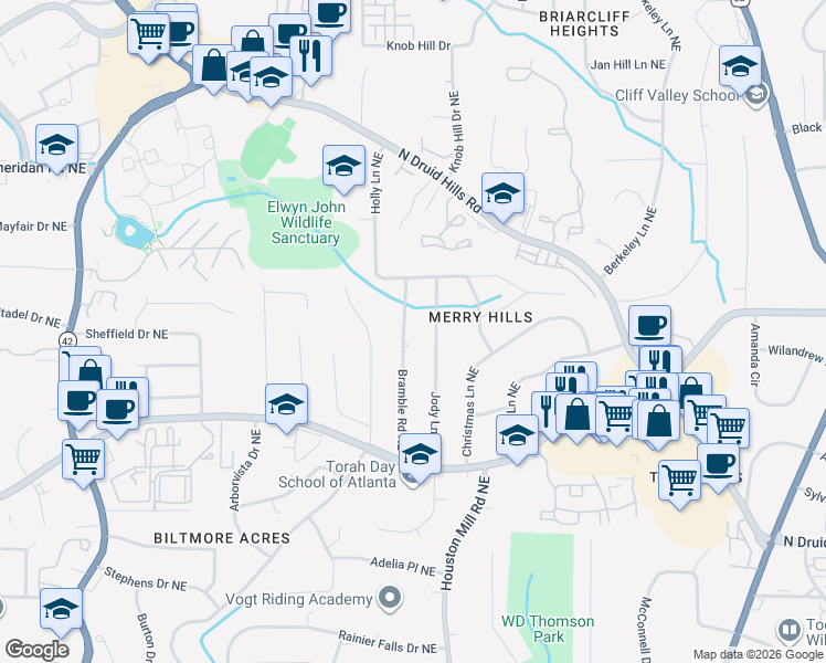 map of restaurants, bars, coffee shops, grocery stores, and more near 1334 Bramble Road Northeast in Atlanta