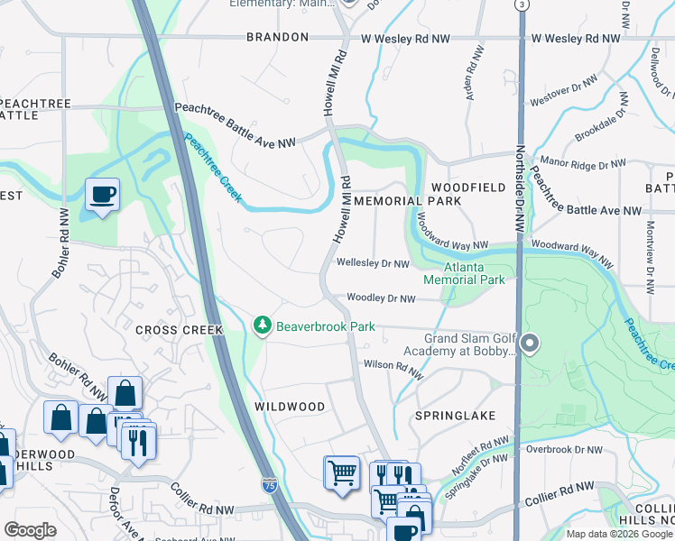 map of restaurants, bars, coffee shops, grocery stores, and more near 2343 Howell Mill Road Northwest in Atlanta