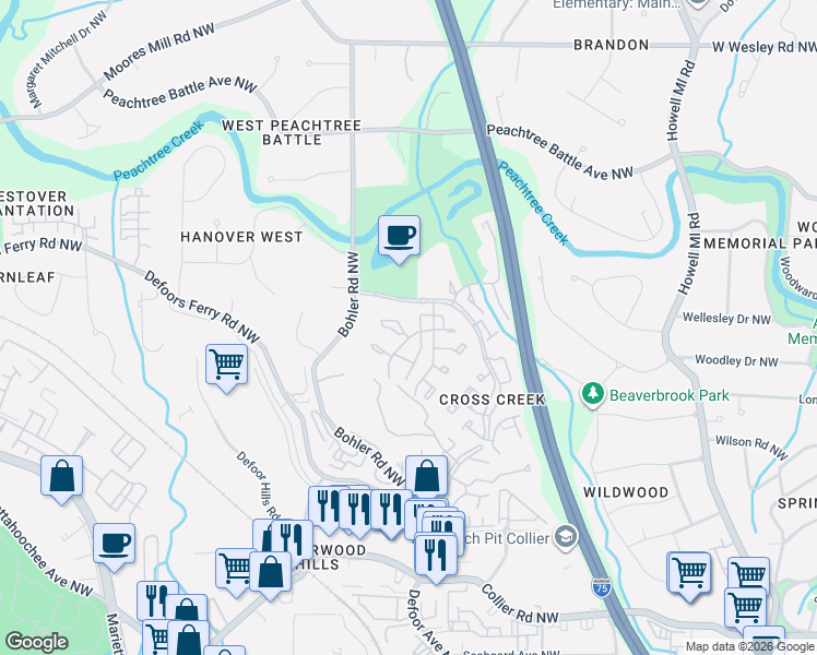 map of restaurants, bars, coffee shops, grocery stores, and more near 155 Amherst Place Northwest in Atlanta