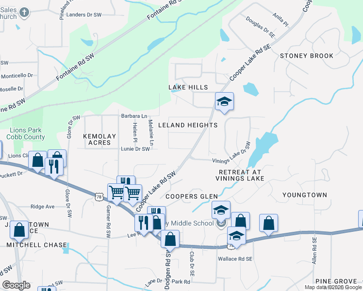 map of restaurants, bars, coffee shops, grocery stores, and more near 145 Morris Road Southwest in Mableton