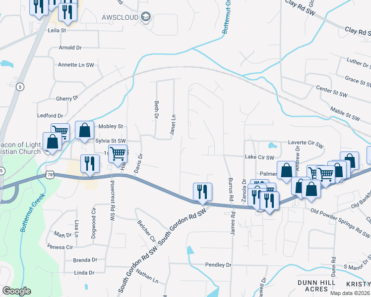 map of restaurants, bars, coffee shops, grocery stores, and more near 5547 Lakeview Drive Southwest in Austell