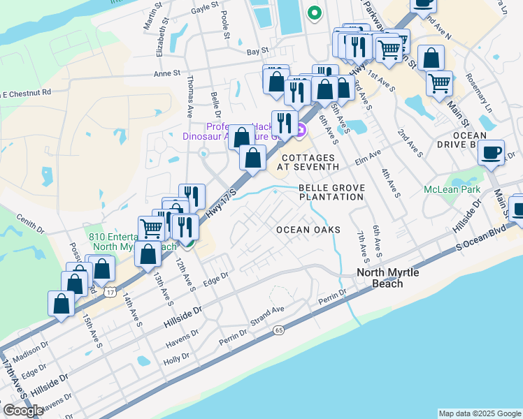 map of restaurants, bars, coffee shops, grocery stores, and more near 829 9th Avenue South in North Myrtle Beach