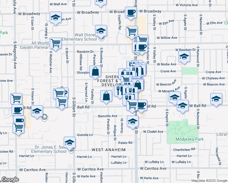 map of restaurants, bars, coffee shops, grocery stores, and more near 998 South Crossbow Lane in Anaheim