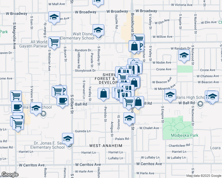 map of restaurants, bars, coffee shops, grocery stores, and more near 998 South Crossbow Lane in Anaheim