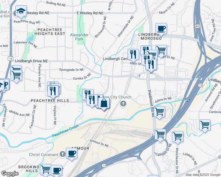 map of restaurants, bars, coffee shops, grocery stores, and more near 425 Peachtree Hills Avenue Northeast in Atlanta