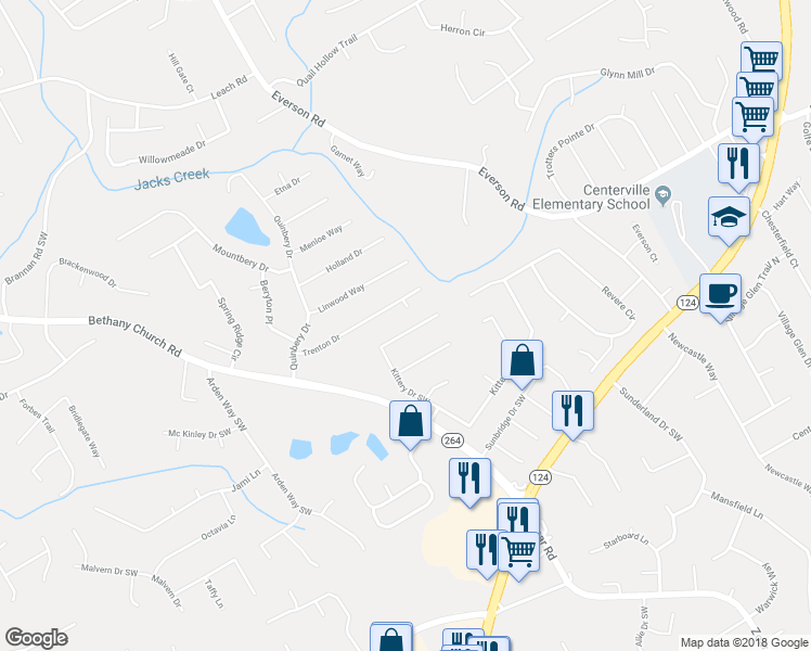 map of restaurants, bars, coffee shops, grocery stores, and more near 3542 Kittery Drive Southwest in Snellville