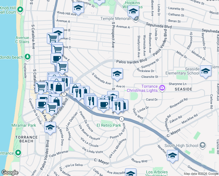 map of restaurants, bars, coffee shops, grocery stores, and more near 447 Avenue E in Redondo Beach