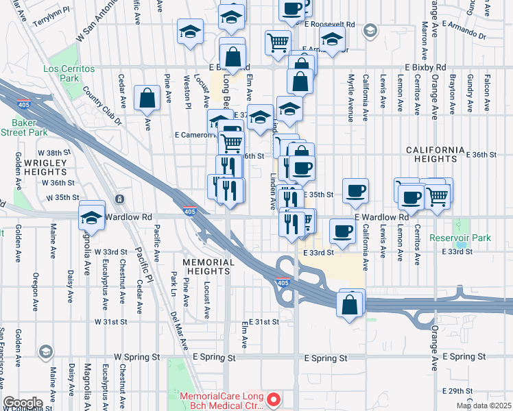 map of restaurants, bars, coffee shops, grocery stores, and more near 3430 Elm Avenue in Long Beach