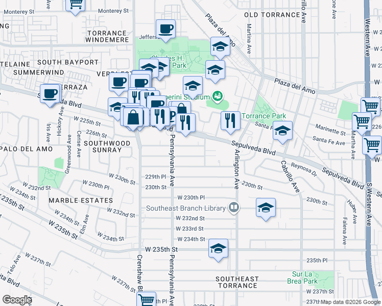 map of restaurants, bars, coffee shops, grocery stores, and more near 2333 West 228th Street in Torrance