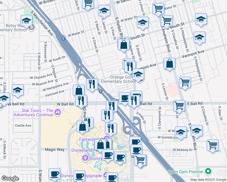 map of restaurants, bars, coffee shops, grocery stores, and more near 1124 South Citron Street in Anaheim