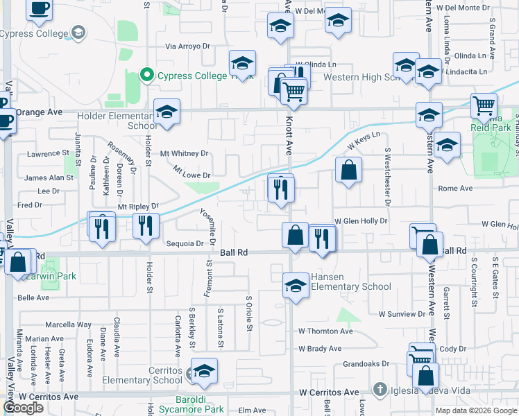 map of restaurants, bars, coffee shops, grocery stores, and more near 891 South Arc Way in Anaheim