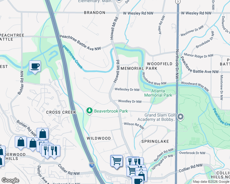 map of restaurants, bars, coffee shops, grocery stores, and more near 2343 Howell Mill Road Northwest in Atlanta