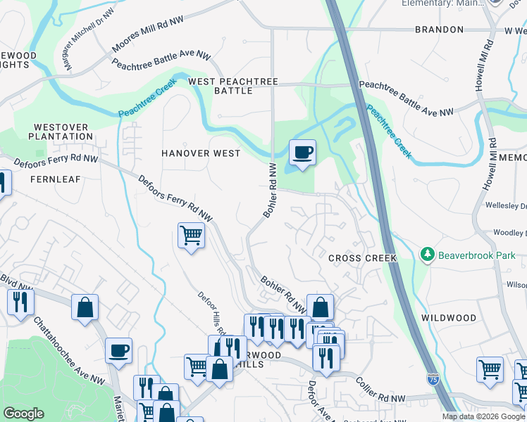 map of restaurants, bars, coffee shops, grocery stores, and more near 2350 Bohler Road Northwest in Atlanta