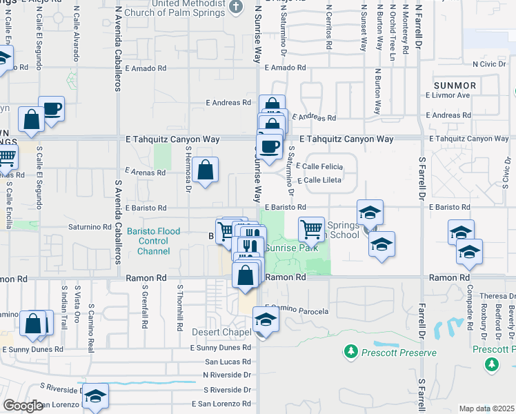 map of restaurants, bars, coffee shops, grocery stores, and more near 279 South Sunrise Way in Palm Springs