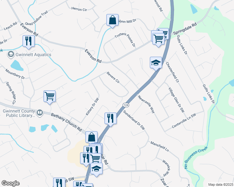 map of restaurants, bars, coffee shops, grocery stores, and more near 3120 Revere Circle in Snellville