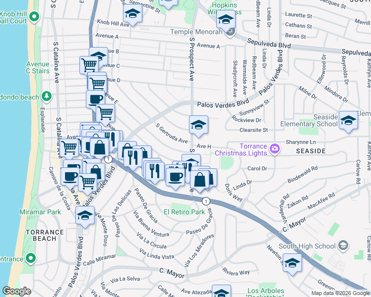 map of restaurants, bars, coffee shops, grocery stores, and more near 447 Avenue E in Redondo Beach