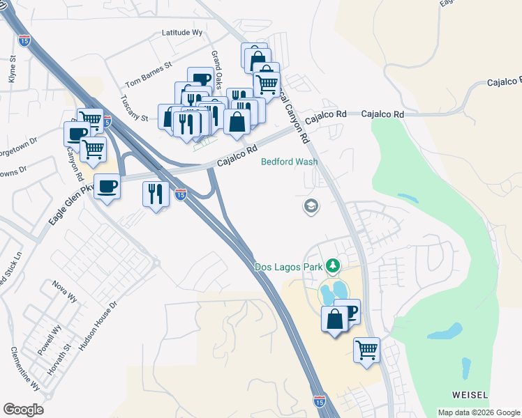 map of restaurants, bars, coffee shops, grocery stores, and more near Corona Freeway in Corona