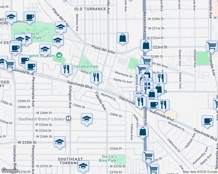 map of restaurants, bars, coffee shops, grocery stores, and more near 2748 Border Avenue in Torrance
