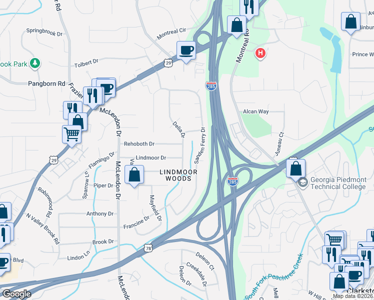 map of restaurants, bars, coffee shops, grocery stores, and more near 1529 Delia Drive in Decatur