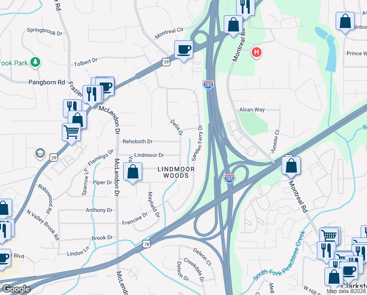 map of restaurants, bars, coffee shops, grocery stores, and more near 1529 Delia Drive in Decatur