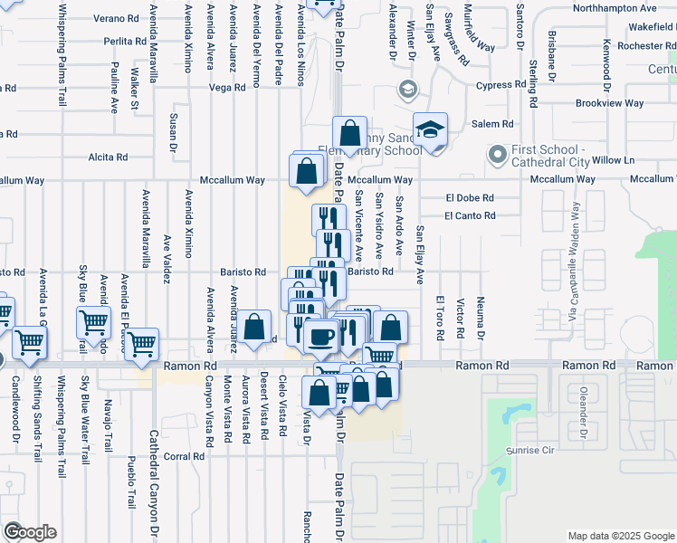 map of restaurants, bars, coffee shops, grocery stores, and more near Date Palm Drive in Cathedral City