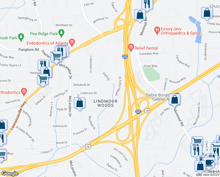 map of restaurants, bars, coffee shops, grocery stores, and more near 1547 Delia Drive in Decatur