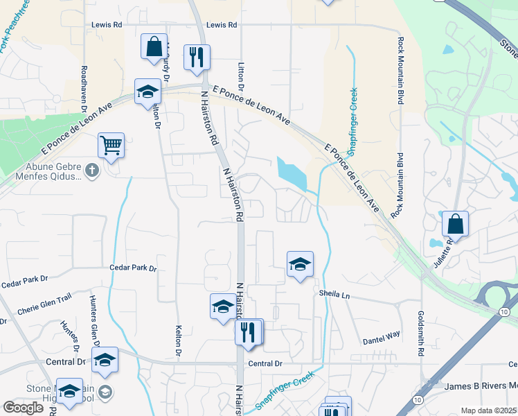 map of restaurants, bars, coffee shops, grocery stores, and more near 4849 Hairston Park Square in Stone Mountain