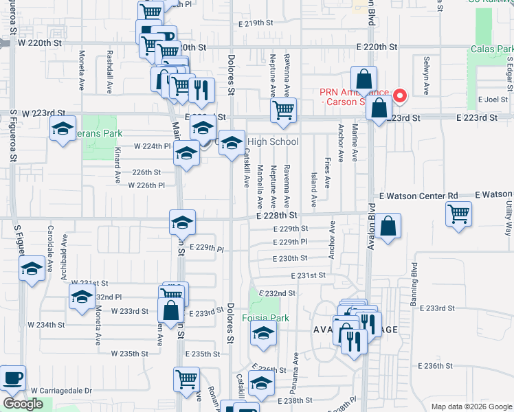map of restaurants, bars, coffee shops, grocery stores, and more near 22729 Marbella Avenue in Carson