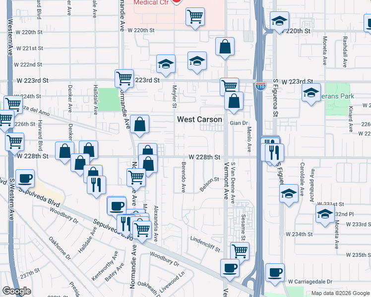 map of restaurants, bars, coffee shops, grocery stores, and more near 22740 Meyler Street in Torrance