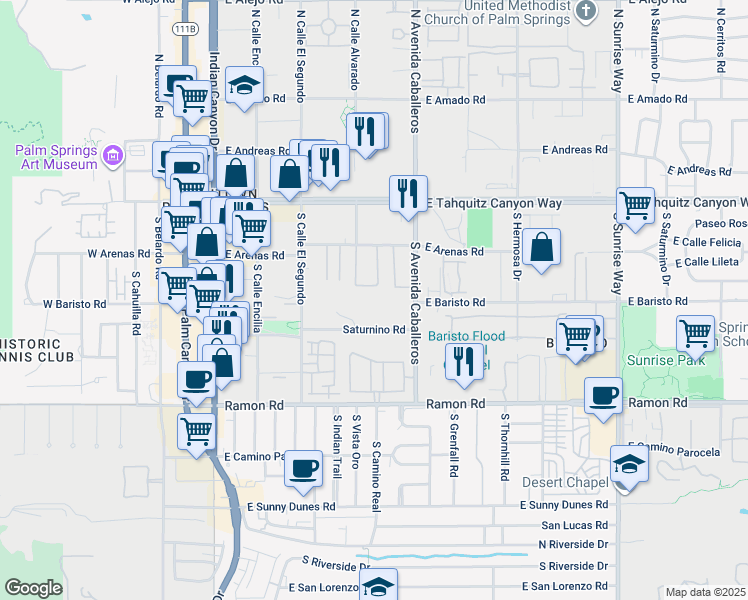 map of restaurants, bars, coffee shops, grocery stores, and more near 900 Saturnino Road in Palm Springs