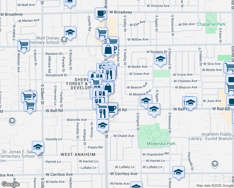 map of restaurants, bars, coffee shops, grocery stores, and more near 2150 West Churchill Circle in Anaheim
