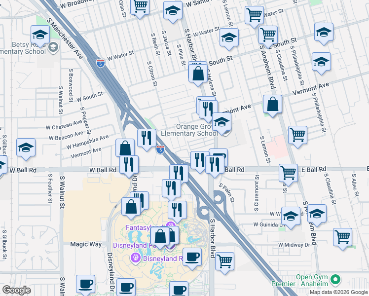 map of restaurants, bars, coffee shops, grocery stores, and more near 1008 South Citron Street in Anaheim