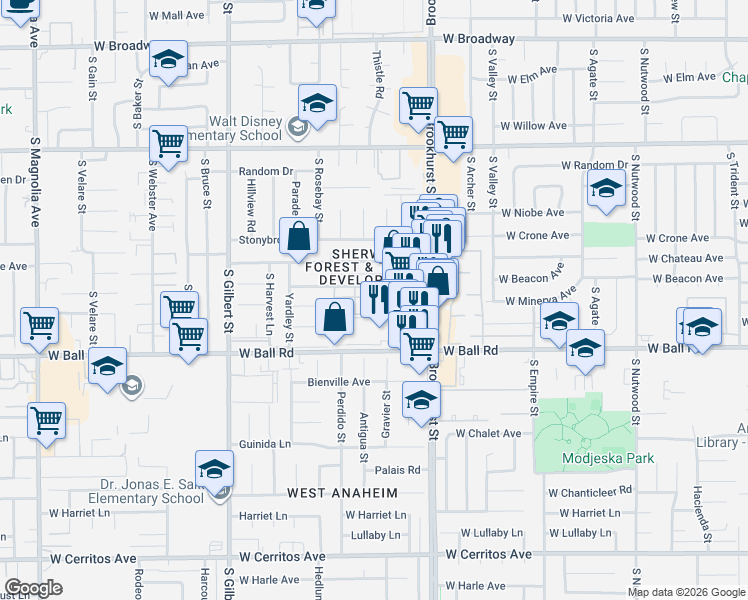map of restaurants, bars, coffee shops, grocery stores, and more near 2245 West Ball Road in Anaheim