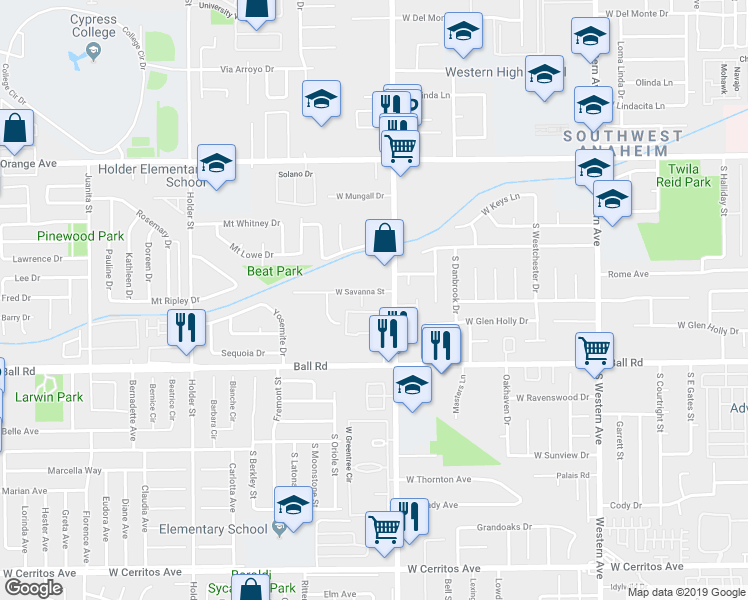 map of restaurants, bars, coffee shops, grocery stores, and more near 909 South Knott Avenue in Anaheim