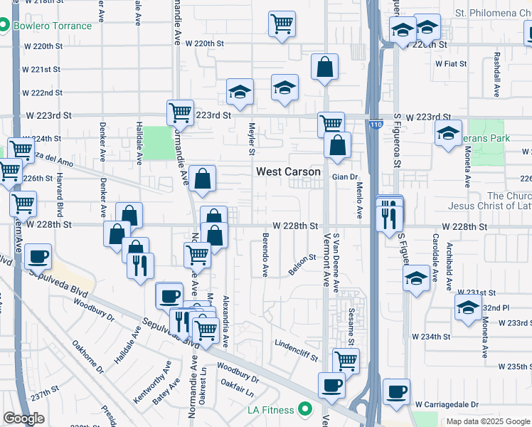 map of restaurants, bars, coffee shops, grocery stores, and more near 1065 West 228th Street in Torrance