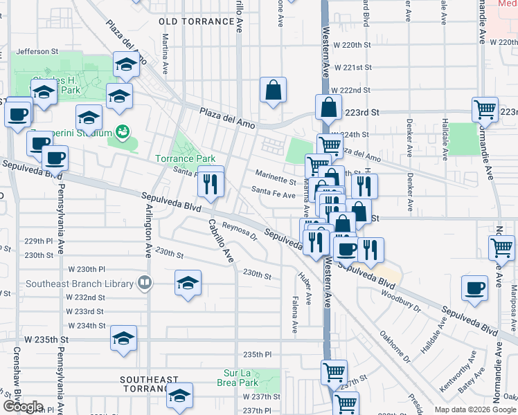 map of restaurants, bars, coffee shops, grocery stores, and more near 1810 West 228th Street in Torrance