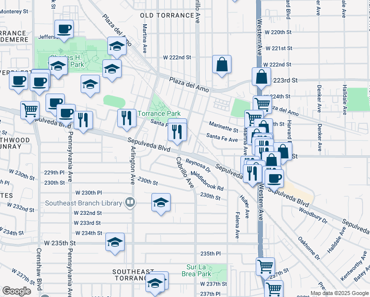 map of restaurants, bars, coffee shops, grocery stores, and more near 1971 Reynosa Drive in Torrance