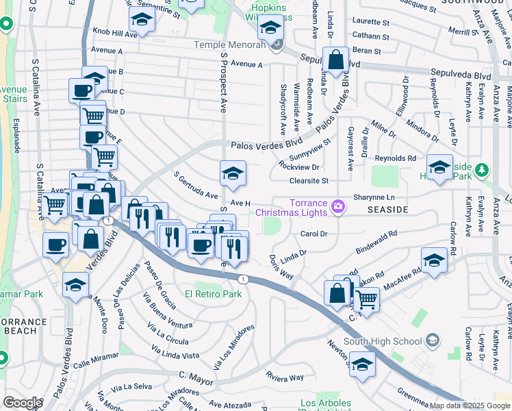 map of restaurants, bars, coffee shops, grocery stores, and more near 1700 Circle Drive in Redondo Beach