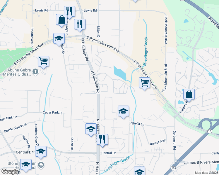 map of restaurants, bars, coffee shops, grocery stores, and more near 4842 Hairston Park Square in Stone Mountain