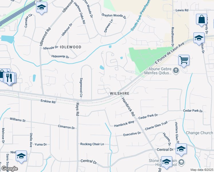 map of restaurants, bars, coffee shops, grocery stores, and more near 4312 Orchard Park Court in Stone Mountain