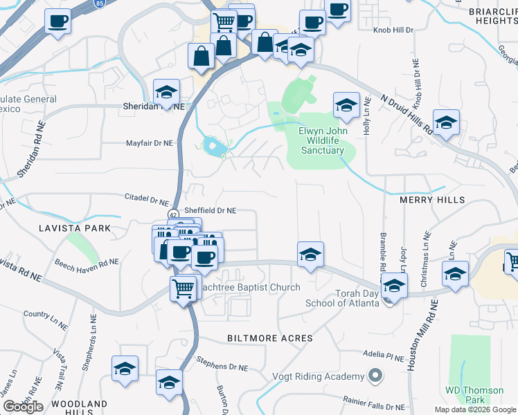 map of restaurants, bars, coffee shops, grocery stores, and more near 1458 Sheffield Drive Northeast in Atlanta